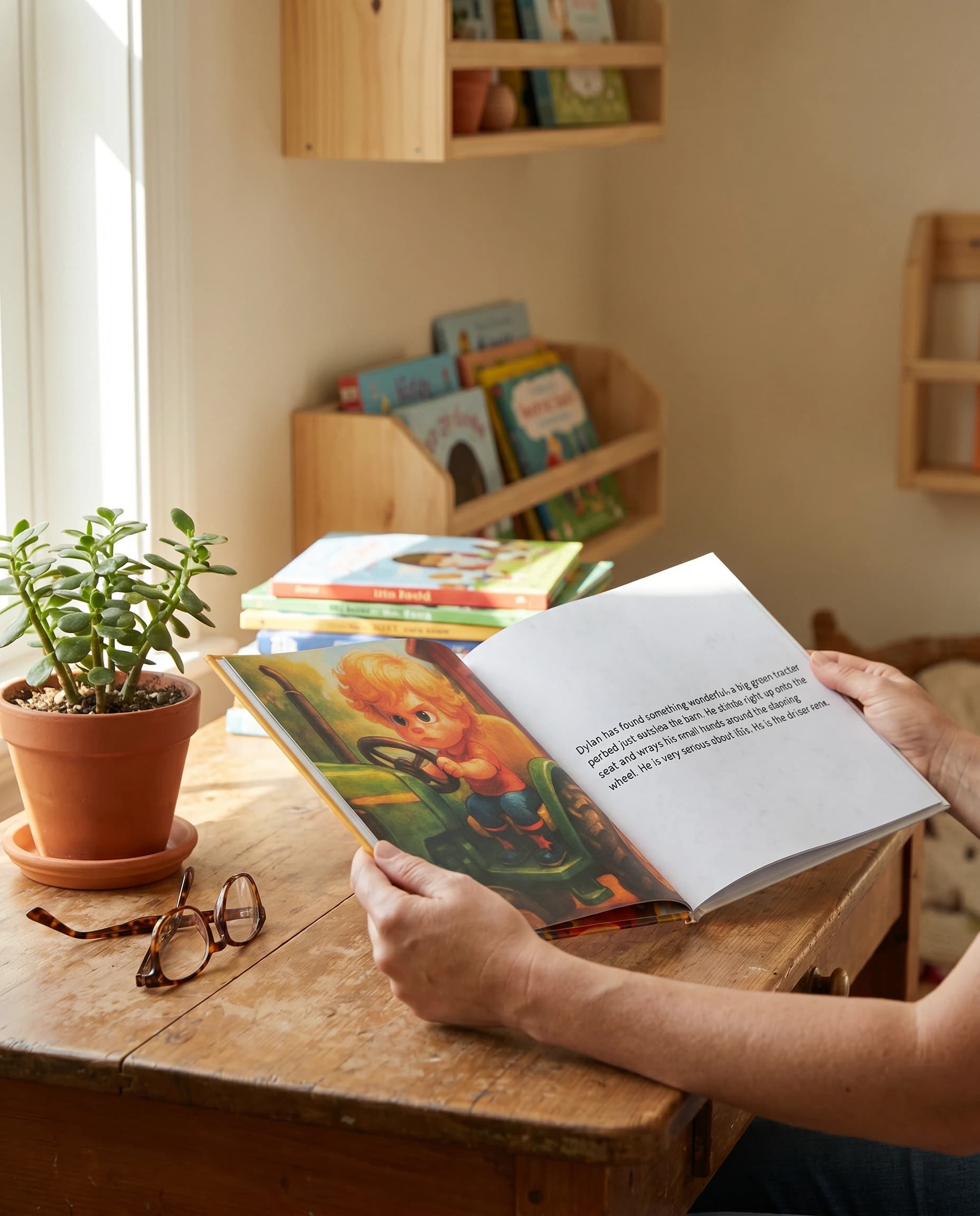 An open Tadpole Tales hardcover storybook starring a family